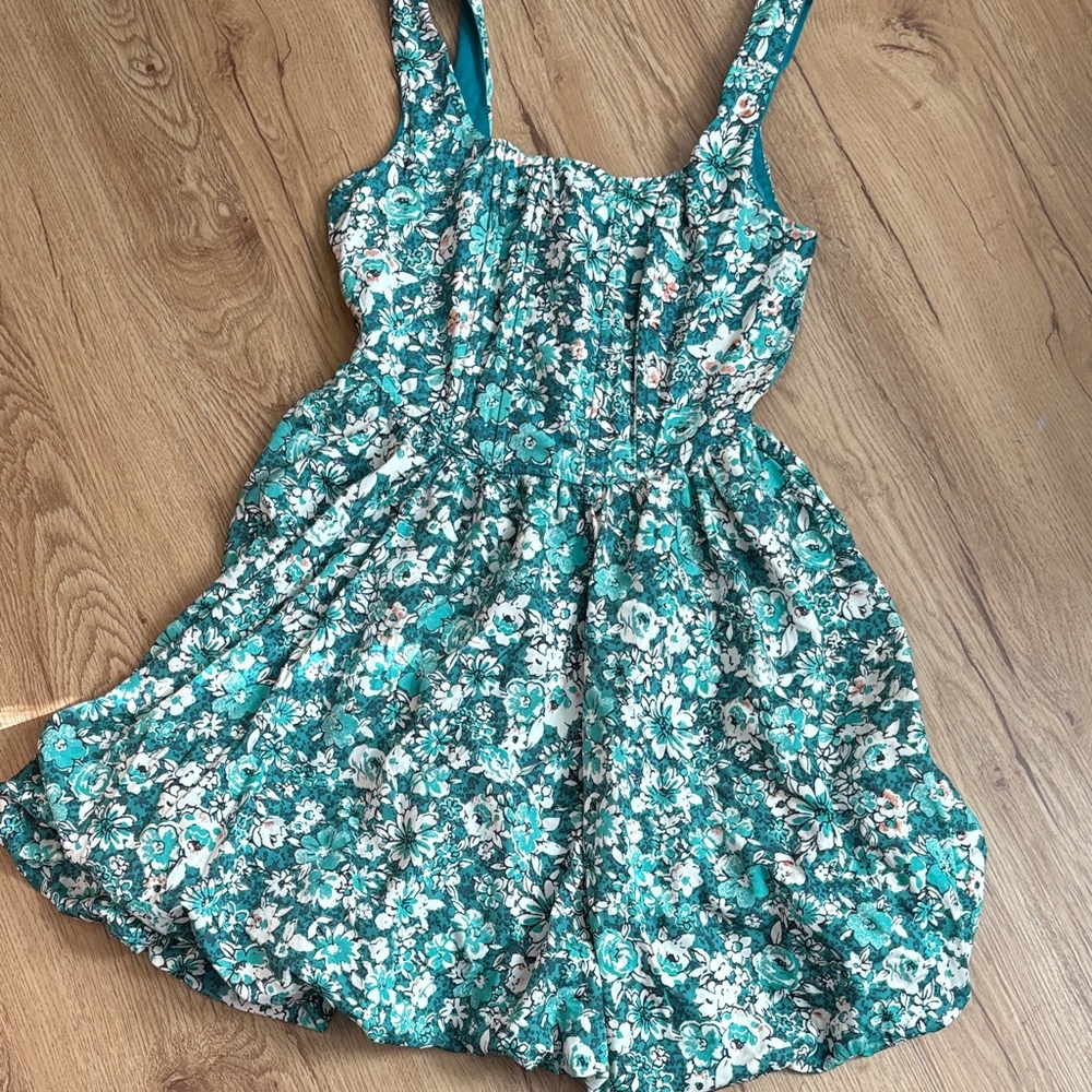 Floral Teal Sleeveless Corset Bubble Hem Mini Dress